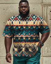 Vintage Western Print Lapel Short-sleeved Shirt Plus Size Men's Suit